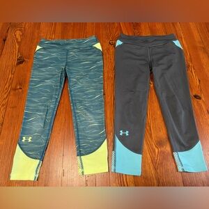 #44 & #45 GIRLS VGUC UNDER ARMOUR CROPPED LEGGINGS YOUTH MEDIUM AQUA GREEN